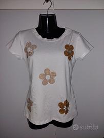 T-Shirt donna taglia S - bianco/fiori dorati
