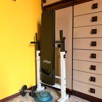 Panca per bilancere con pesi e manubri
