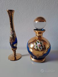 Murano Cristal coppia vasi blu con oro e fiori