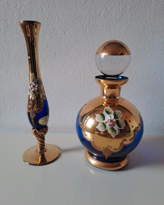 Murano Cristal coppia vasi blu con oro e fiori