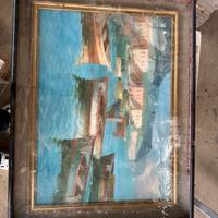 Quadro vintage a olio - porto con barche