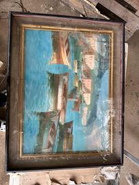 Quadro vintage a olio - porto con barche
