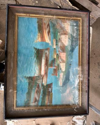 Quadro vintage a olio - porto con barche