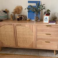 Credenza in legno e canna a 2 ante e 3 cassetti