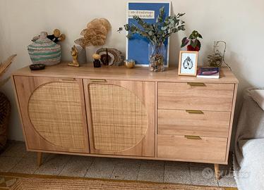 Credenza in legno e canna a 2 ante e 3 cassetti