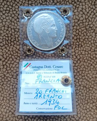 Argento Moneta 20 Franchi FDC Periziata  