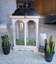 Lanterna Shabby Chic Grande con Candela e Cactus 