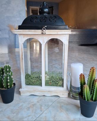 Lanterna Shabby Chic Grande con Candela e Cactus 