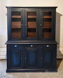 Credenza a vetrina in legno massello 3 ante - blu