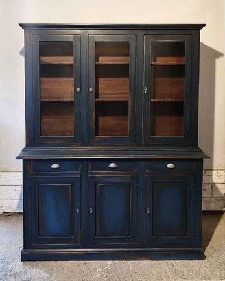 Credenza a vetrina in legno massello 3 ante - blu