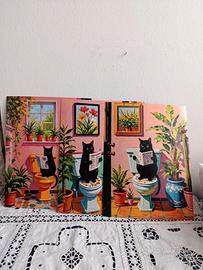 Set di 3 Stampe,Gatti in Bagno con Gatti