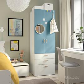 Armadio Guardaroba, bianco blu/con 3 cassetti
