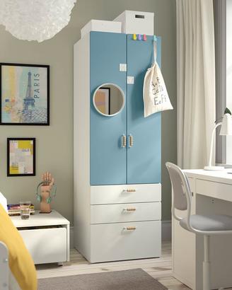 Armadio Guardaroba, bianco blu/con 3 cassetti