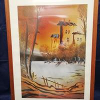 Quadro Tre case sul fiume. Pittore Rossi