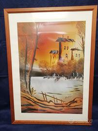 Quadro Tre case sul fiume. Pittore Rossi