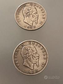 Lotto 2 monete 5 lire Vittorio Emanuele II argento