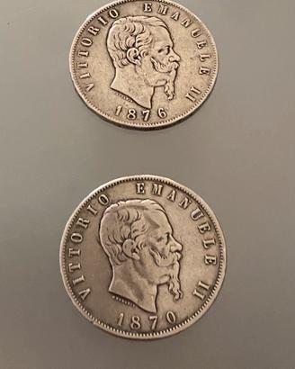 Lotto 2 monete 5 lire Vittorio Emanuele II argento