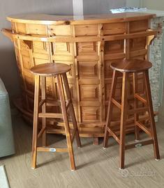Mobile bar angolare in legno massello e 2 sgabelli
