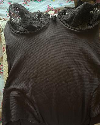 Body vintage marrone con dettagli in pizzo