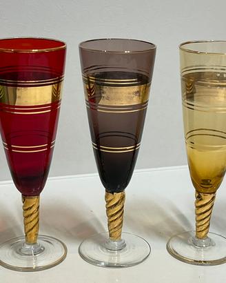 5 calici vintage colorati con decori dorati