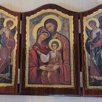 Trittico in legno, icona sacra famiglia, con parti
