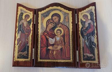 Trittico in legno, icona sacra famiglia, con parti