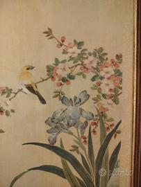 Arte orientale su carta o seta, cornice e vetro 