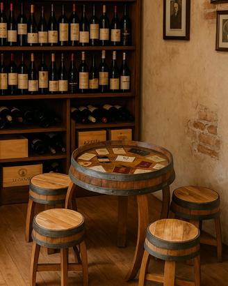 TAVOLINO fondo botte - etichette vini 4 sgabelli