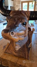scultura legno testa toro
