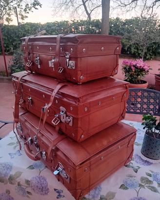 Set 3 valigie vintage con misure in cuoio vero