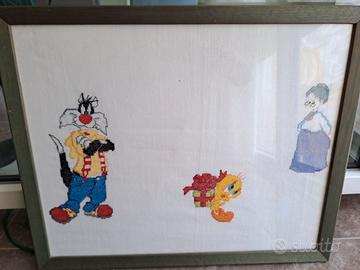 BEL QUADRO CON TESSUTO LAVORATO A MANO PUNTO CROCE