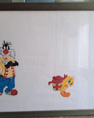 BEL QUADRO CON TESSUTO LAVORATO A MANO PUNTO CROCE