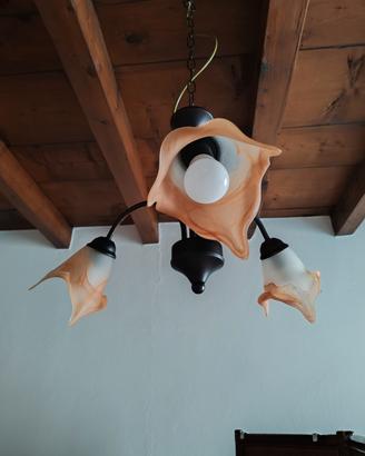 Lampadario rustico a sospensione, metallo e vetro 
