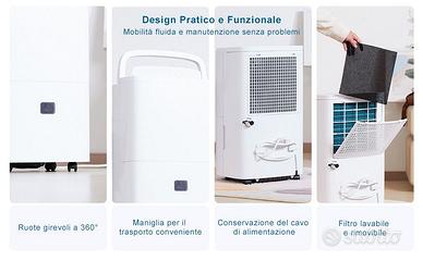 Deumidificatore Portatile 12L/24h Per Casa, Silenzioso, Per Stanze Fino A 100 M³, Con Timer, Asciugatura Vestiti E Drenaggio Continuo