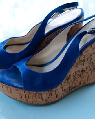 Sandali zeppa sughero blu plateau camoscio GreyMer