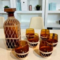 Set vintage vetro ambrato e rattan – 6 bicchieri