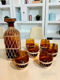 Set vintage vetro ambrato e rattan – 6 bicchieri