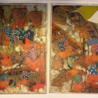Coppia di pitture asiatiche su tavola/masonite