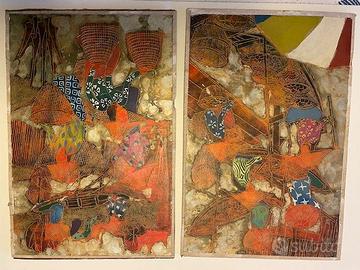 Coppia di pitture asiatiche su tavola/masonite