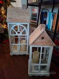 Natale coppia  lanterne casetta in legno e vetro
