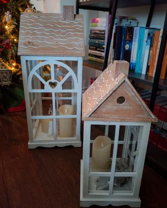 Natale coppia  lanterne casetta in legno e vetro