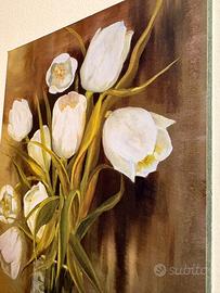 Elegante Dipinto a Olio - Tulipani Bianchi in Vaso