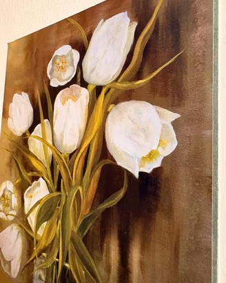 Elegante Dipinto a Olio - Tulipani Bianchi in Vaso