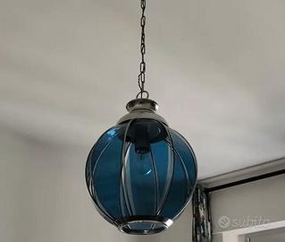 Lampadario in vetro Blu vintage anni '60 lanterna