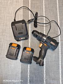 trapano avvitatore a percussione con 2 batterie 