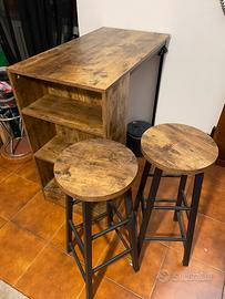 Set bancone bar con 2 sgabelli stile industriale
