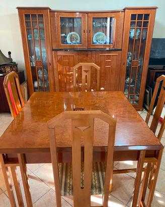 Sala da pranzo in radica, tavolo, 4 sedie e mobile