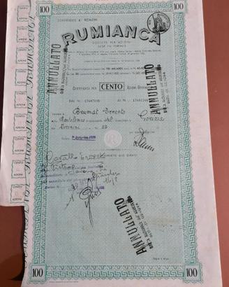 Azione Rumianca 100 - Certificato azionario antico