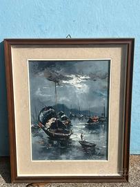 Quadro vintage firmato – barche e porto