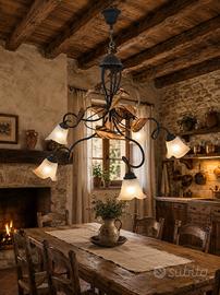 Lampadario in ottone vintage con foglie color oro